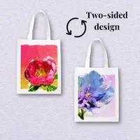 Watercolor Blue Chiffon Rose and Pink Peony  Grocery Bag