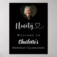 Black 90th birthday party photo heart welcome poster