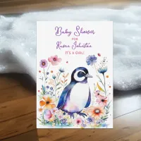 Baby Penguin in Flowers Girl's Baby Shower Invitation