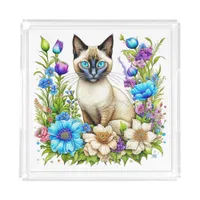 Ai Watercolor Siamese Cat in Flowers Acrylic Tray