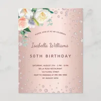 Birthday party rose gold diamonds pink florals postcard