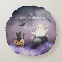 Cute Cat and Ghost Halloween Round Pillow