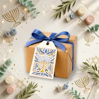 Festive Gold Blue Floral Menorah Gift Tags
