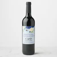 Navy Royal Bue Wedding Watercolor Ivory Flowers Wine Label