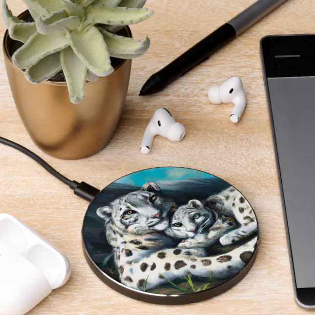 Mother Snow Leopard and Cub in the Mountains Wireless Charger