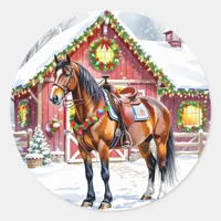 A Festive Brown Horse and Winter Barn Christmas Classic Round Sticker