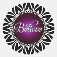 InspireMe! Believe Black White Mandala Plum Circle Classic Round Sticker