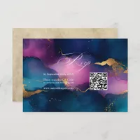 Purple, Blue, and Gold Alcohol Ink QR Code Wedding RSVP Card