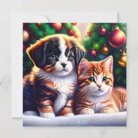 Cute puppy and cat under Christmas tree  Invitation