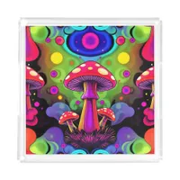 Psychedelic Vibrant Colorful Retro Mushrooms Acrylic Tray