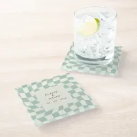 Retro Groovy Green Checkerboard Wedding Glass Coaster