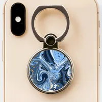 Blue, White and Gold Swirls Fluid Marble   Phone Ring Stand