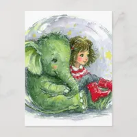 Surreal Baby Green Elephant and Girl in Red Boots Postcard