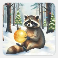 Cute Winter Raccoon with Gold Ornament Christmas Square Sticker