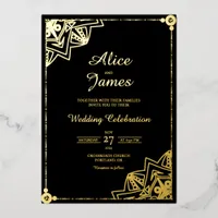 Diagonal Mandala Elegant Black Gold Foil Wedding Invitation