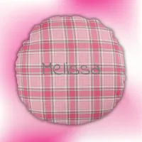 Pink and White Plaid Name Monogram | Round Pillow