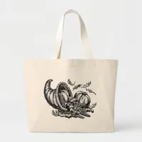 Classic Wicker Cornucopia Black White Illustration Large Tote Bag
