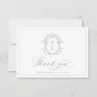 Sage Green Elegant Baroque Crest Monogram Wedding Thank You Card