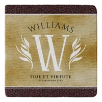 Elegant Leather Leaf & Vintage Paper Surname Motto Trivet