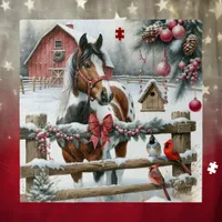 Pretty Brown and White Horse Rustic Farm Christmas Jigsaw Puzzle