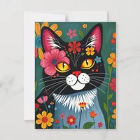 Cute Folk Art Whimsical Cat and Flowers Postcard