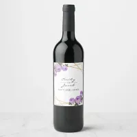 Elegant Gold Glitter Geo Purple Floral Wedding Wine Label