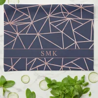 Chic Rose Gold Foil Geometric Polygon Navy Blue Kitchen Towel