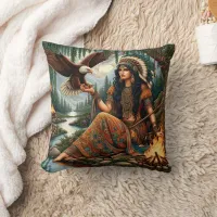 Native American Woman Holding Eagle by River Throw Pillow