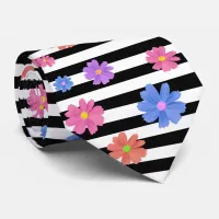 Trendy Floral Black & White Stripes Patterned Neck Tie