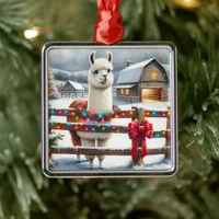 Vintage Farm and Cute Llama Christmas  Metal Ornament