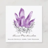 Floral Doodle Purple Crystals Square Business Card