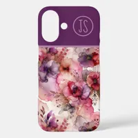 Pink and Purple Flowers Alcohol Ink Monogrammed iPhone 16 Case