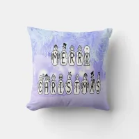 Merry Christmas Snow People Font, Blue Tint Snow Throw Pillow