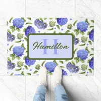 Blue Hydrangeas Floral Botanical Monogram Doormat