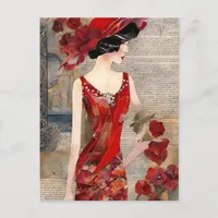 Woman in a Red Dress Mixed Media Postcard