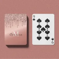 Monogram Rose Gold Metallic Dripping Glitter Poker Cards