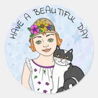 Have a Beautiful Day! Folk Art Girl and Cat  Classic Round Sticker