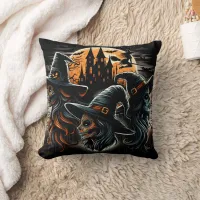 Three witches under a full moon on Halloween night Throw Pillow