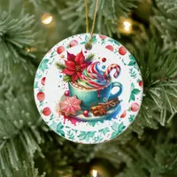  Watercolor Hot Cocoa, Candy Cane Personalized Ceramic Ornament