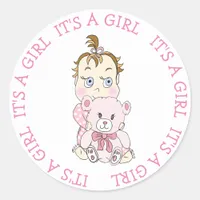 It's a Girl Cute Baby and Teddy Bear Classic Round Sticker
