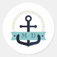 Modern Navy Anchor Nautical Monogram Wedding Class Classic Round Sticker