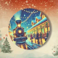 Vintage Train Station on Christmas Eve Snowy Night Classic Round Sticker