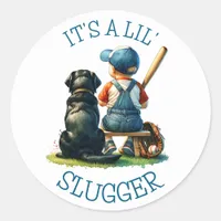 Baby Boy and Dog | Lil Slugger | Baby Shower Classic Round Sticker