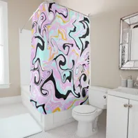Pink, Pale Blue Black and Gold Swirls Fluid Art Shower Curtain