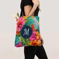 Tropical Floral Hibiscus Monogram Tote Bag