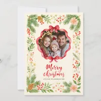 Cute Watercolor Red Ribbon Pines Photo Christmas Holiday Card