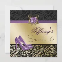 chic zebra gold purple Sweet Sixteen party Invites