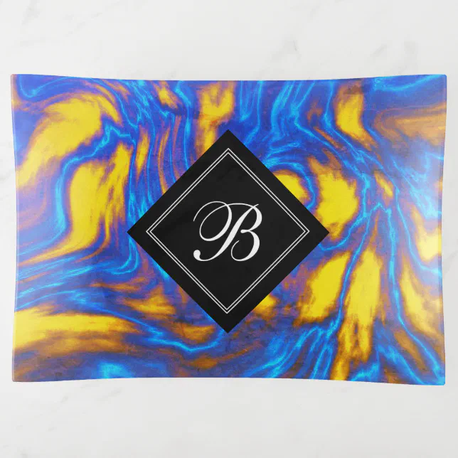 Abstract Modern Yellow Blue Purple Liquid Marble Trinket Tray