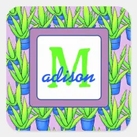 Aloe Vera Plants Pattern Monogrammed Square Sticker