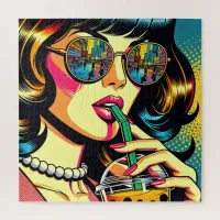 Pop Art Comic Book Pretty Woman Drinking Boba Jigsaw Puzzle